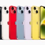 The iPhone 14 lineup is shown in the full range of colors.  